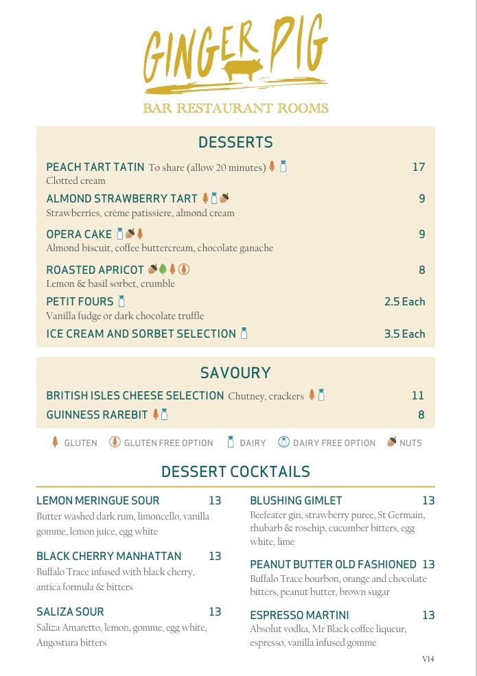 Ginger Pig Dessert Menu