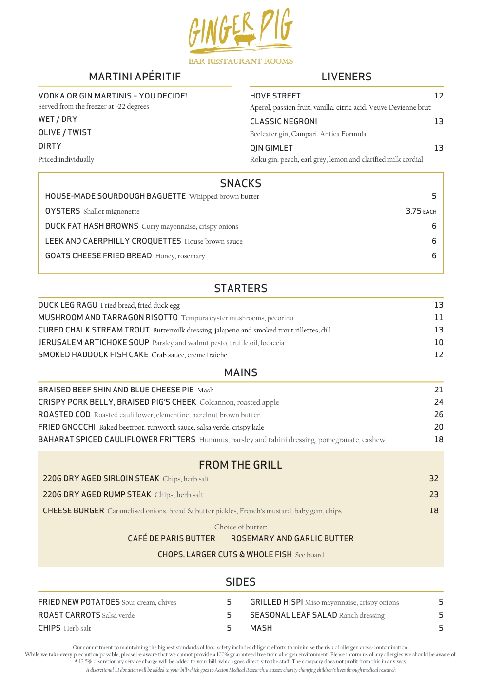 Ginger Pig a la carte Menu