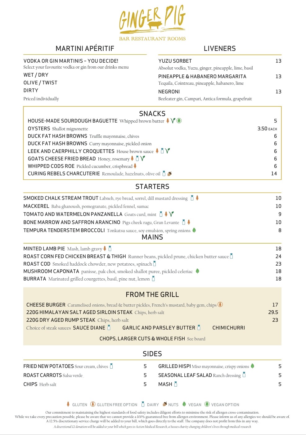 Ginger Pig a la carte Menu