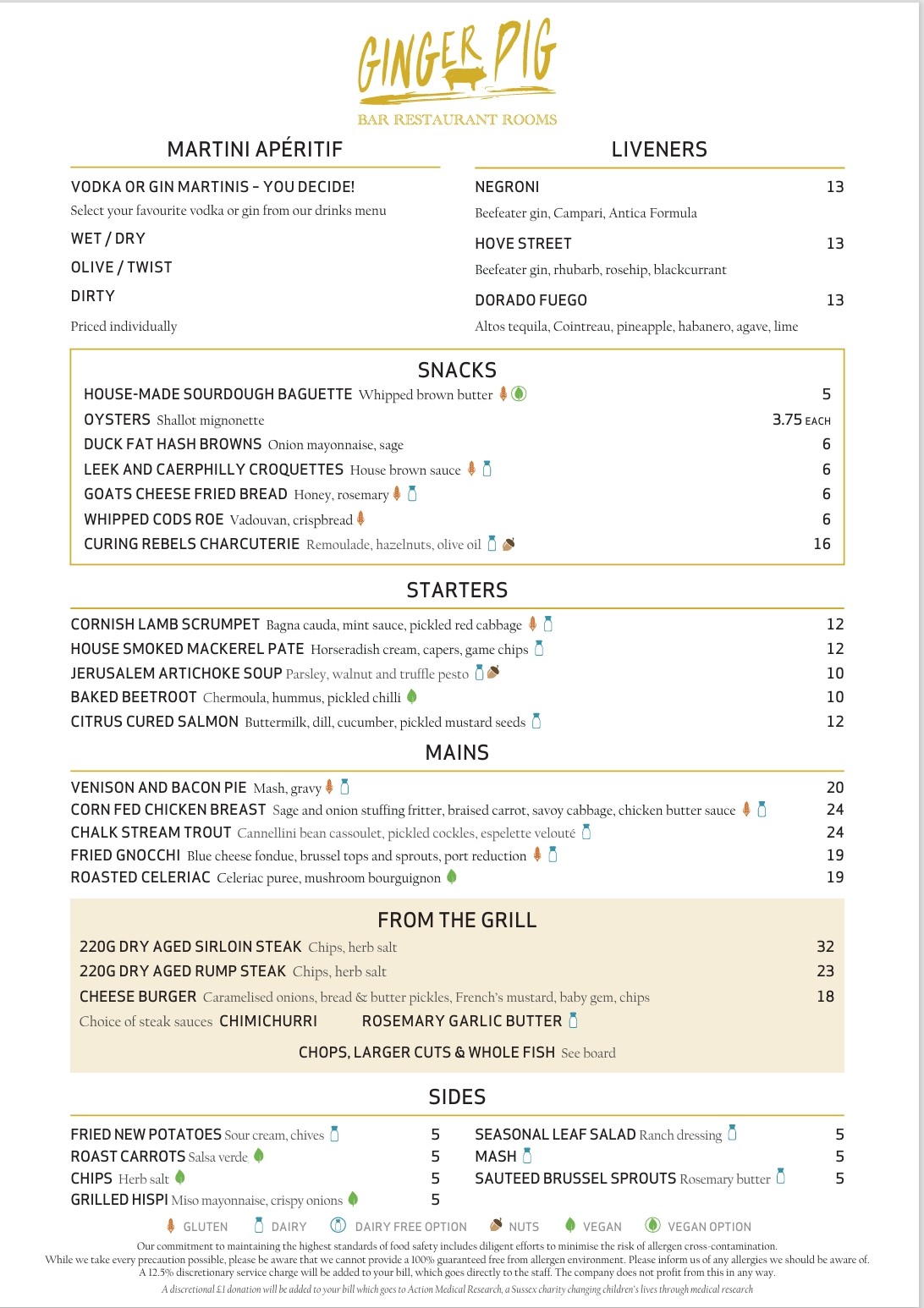 Ginger Pig a la carte Menu