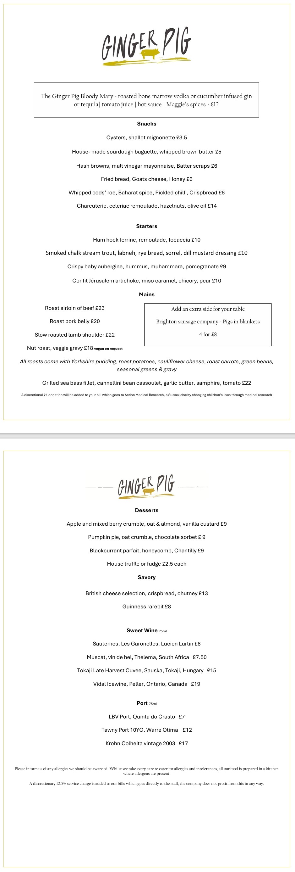 Ginger Pig Sunday Menu
