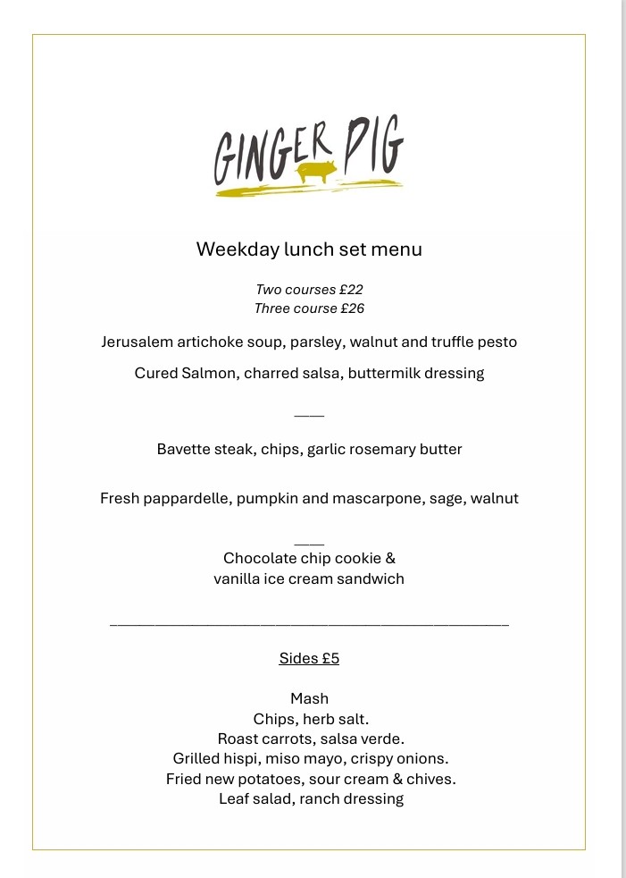 Ginger Pig Lunch Menu