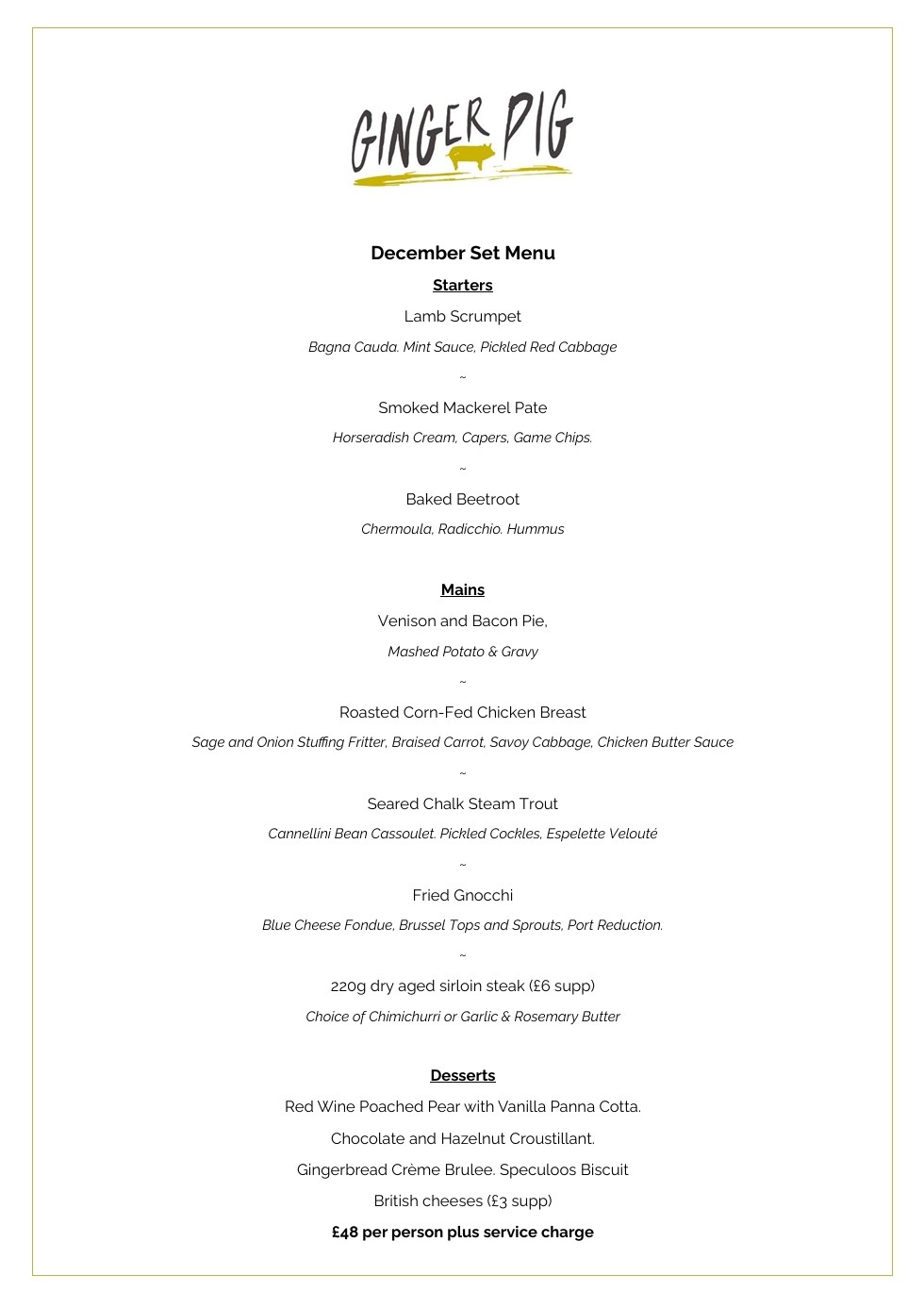 Ginger Pig Private Dining Set Menu