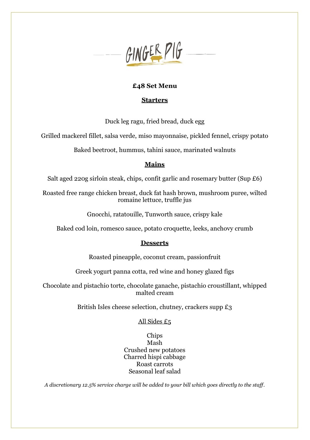 Ginger Pig Private Dining Set Menu