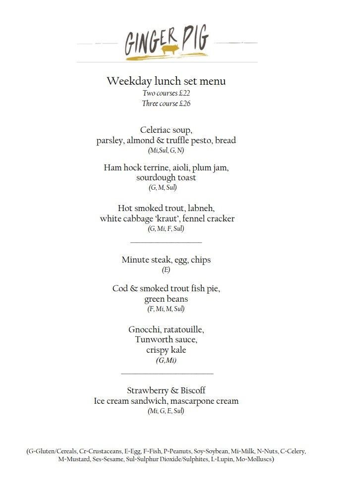 Ginger Pig Lunch Menu