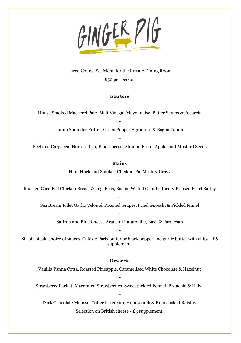 Ginger Pig Private Dining Set Menu