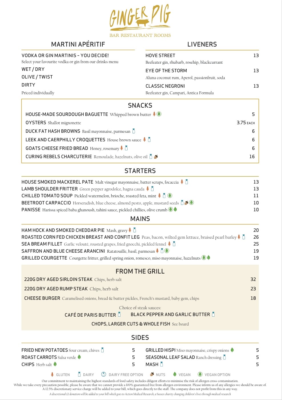 Ginger Pig a la carte Menu