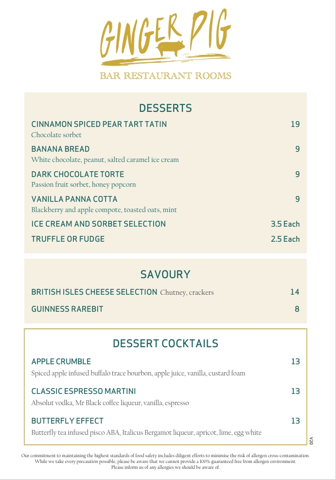 Ginger Pig Dessert Menu