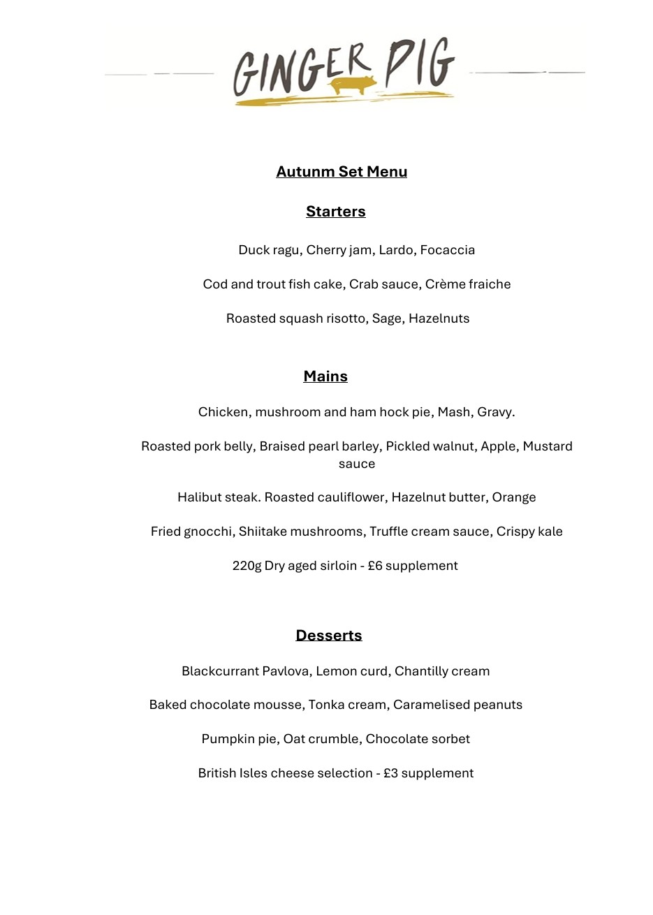 Ginger Pig Private Dining Set Menu