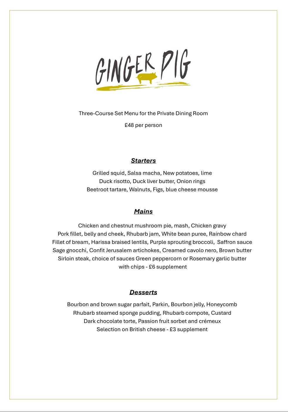 Ginger Pig Private Dining Set Menu