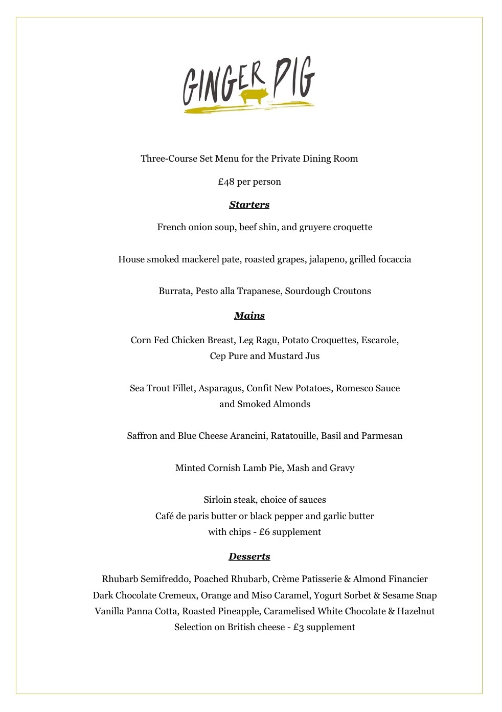 Ginger Pig Private Dining Set Menu