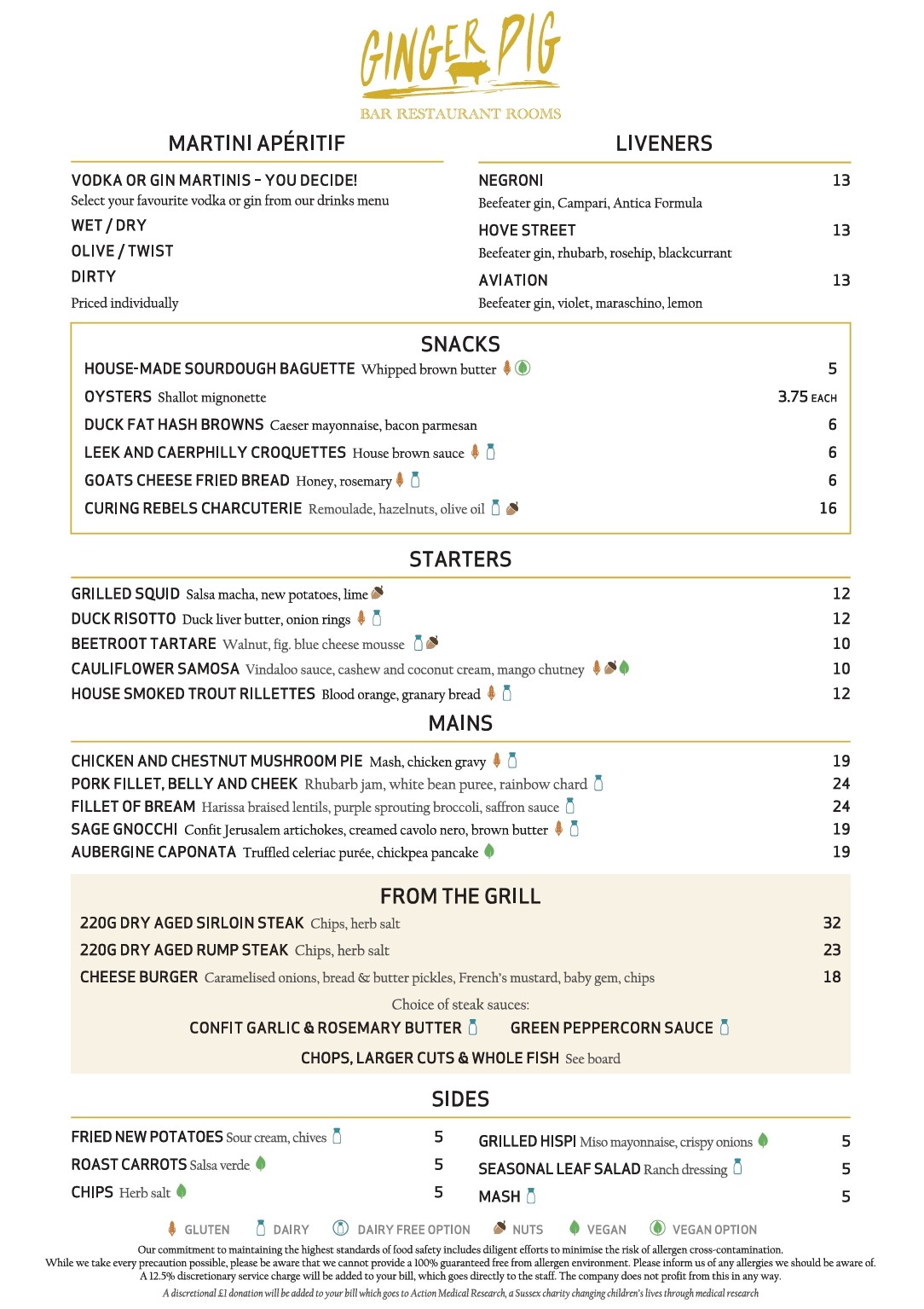 Ginger Pig a la carte Menu