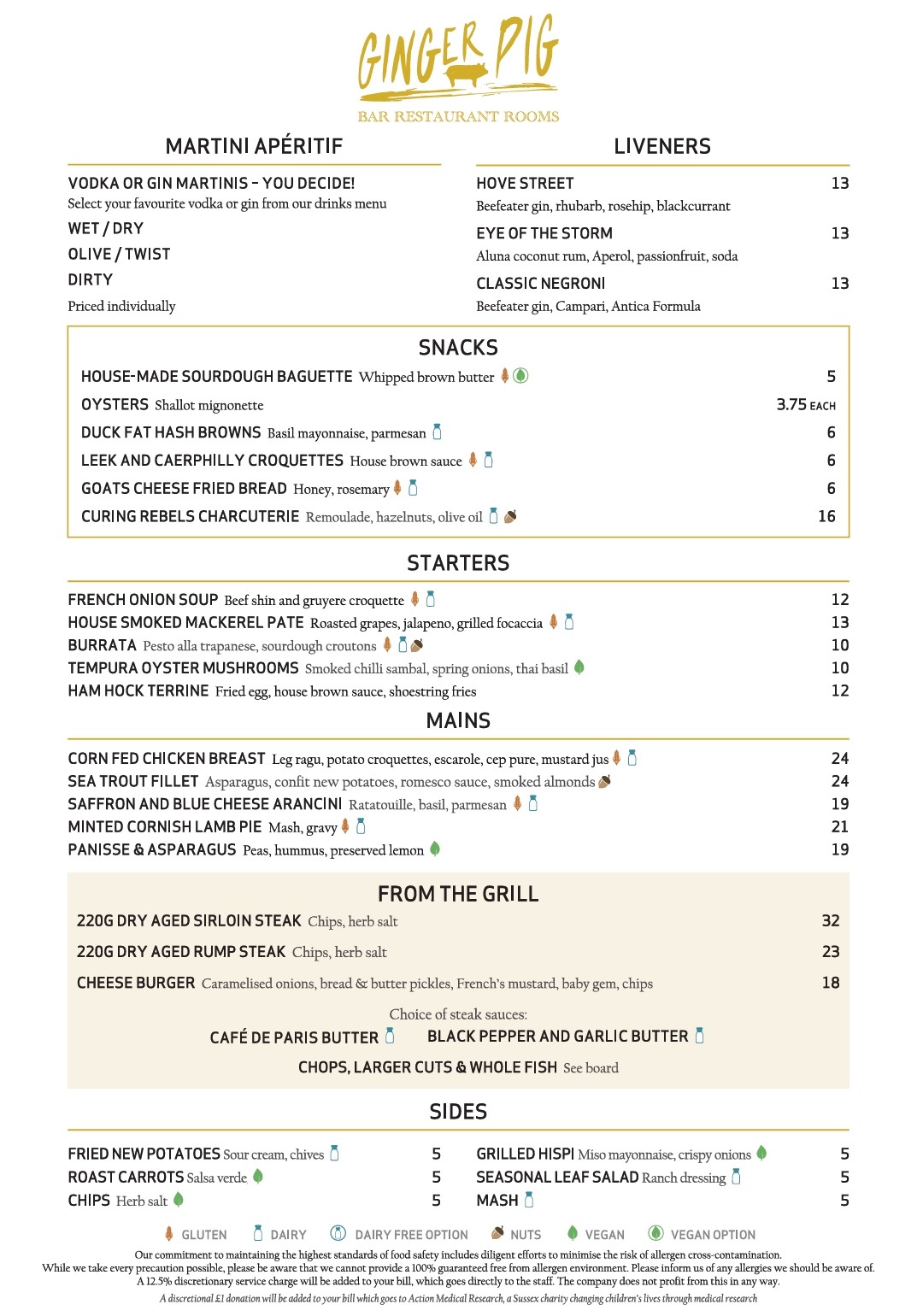 Ginger Pig a la carte Menu