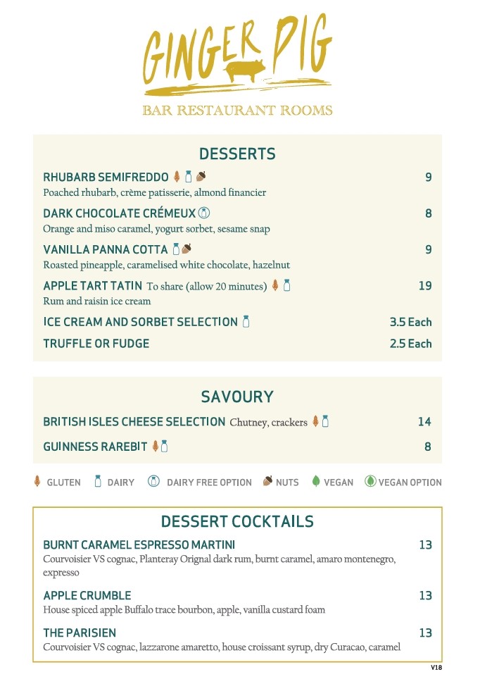 Ginger Pig Dessert Menu