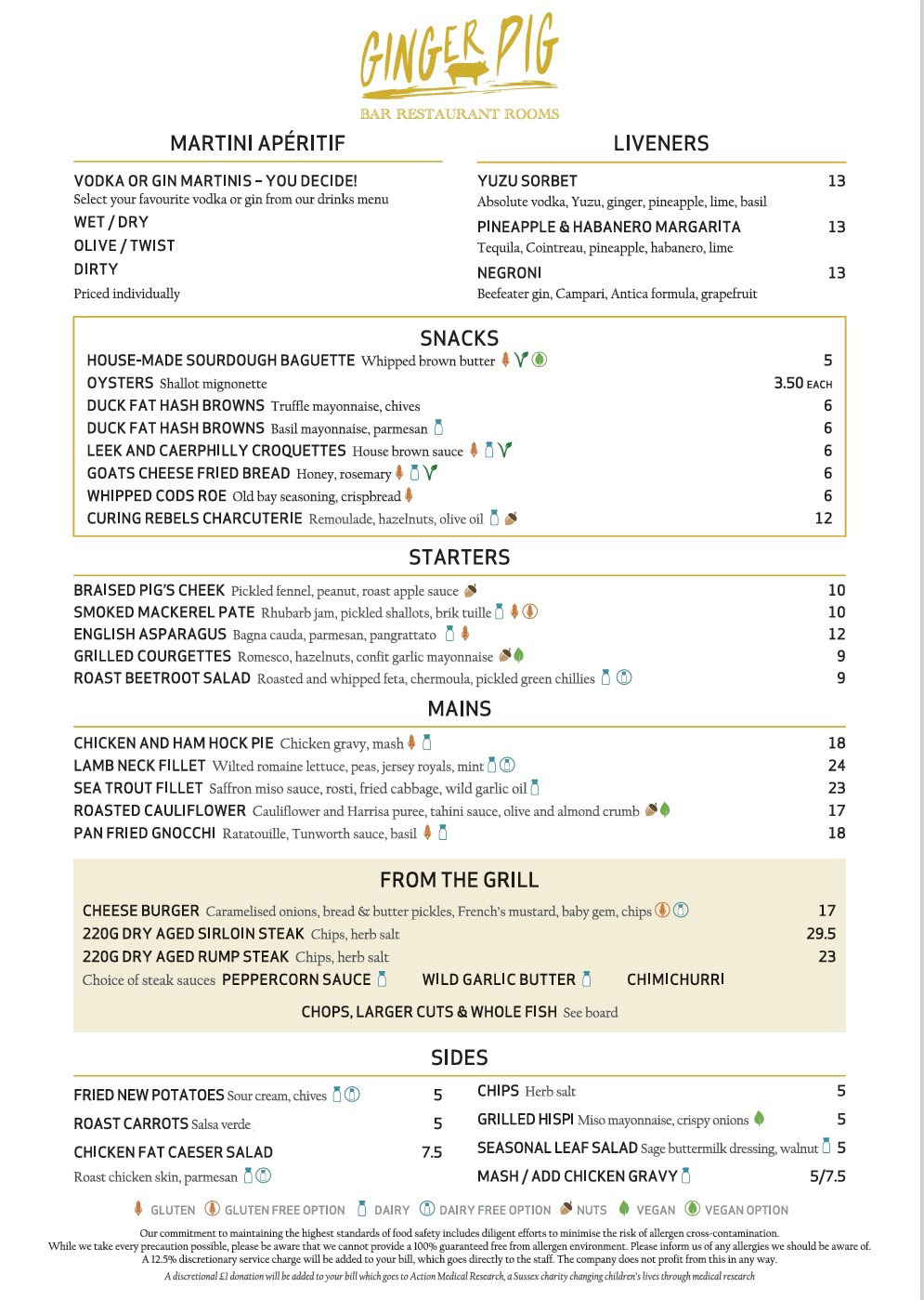 Ginger Pig a la carte Menu