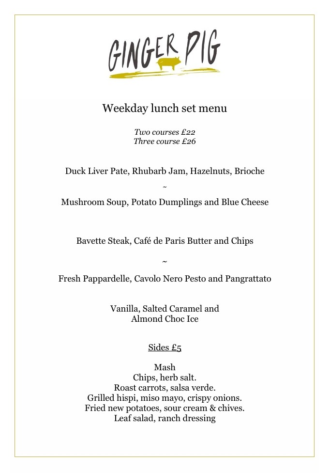 Ginger Pig Lunch Menu