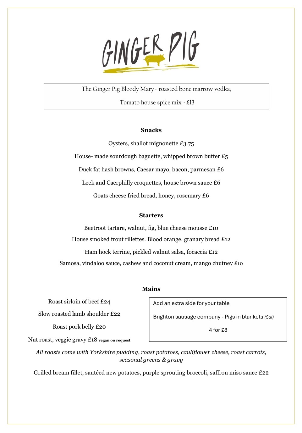 Ginger Pig Sunday Menu