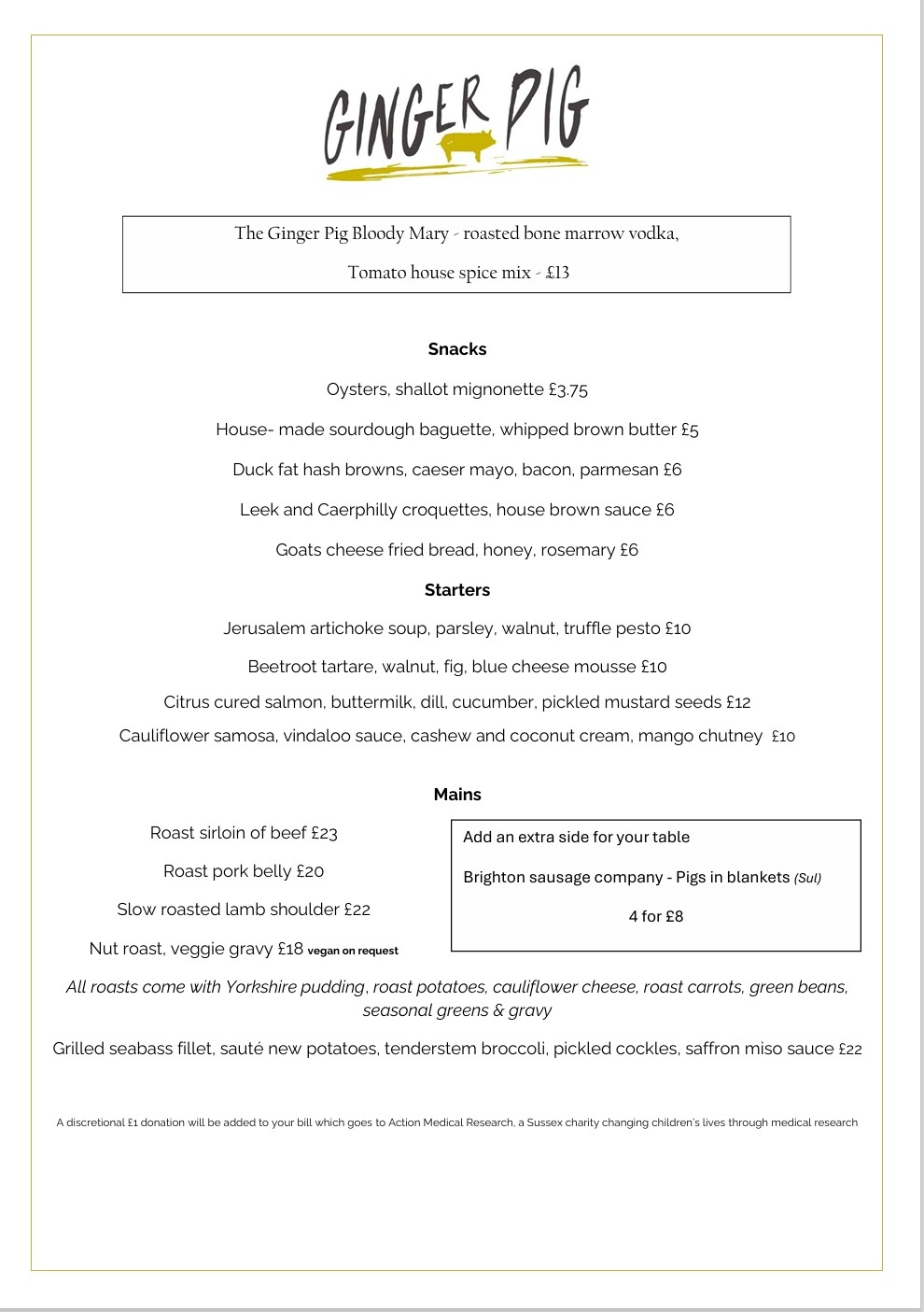 Ginger Pig Sunday Menu